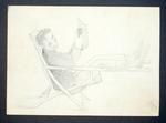 Sketches of couple from behind and a man with sideburns reading in a reclining chair