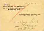 Postcard to RELICO in Geneva from Piotrkowice Ghetto in the Radom District