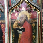 Cawston, Church of St. Helen, detail of painted, Rood Screen, St Matthew with spectacles, 15th century